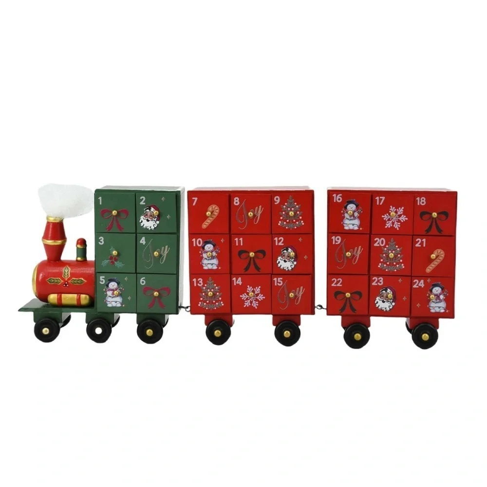 Holiday Time Red Green Train Advent Calendar NEW Wooden Santa Bow